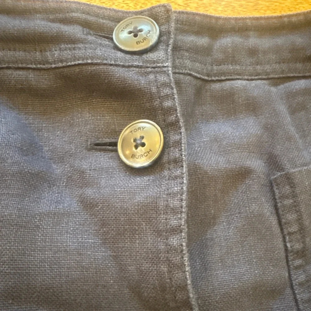Tory Burch Navy Blue 100% Linen Button Front Skirt Size 14 Pocket A-Line